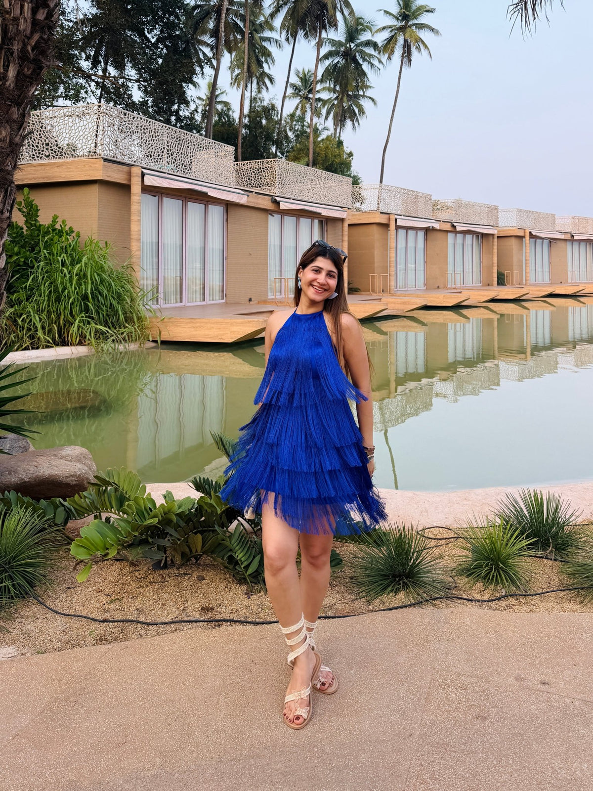 Fringe Halter Mini Dress – Royal Blue, White & Black - Vibes and Petals