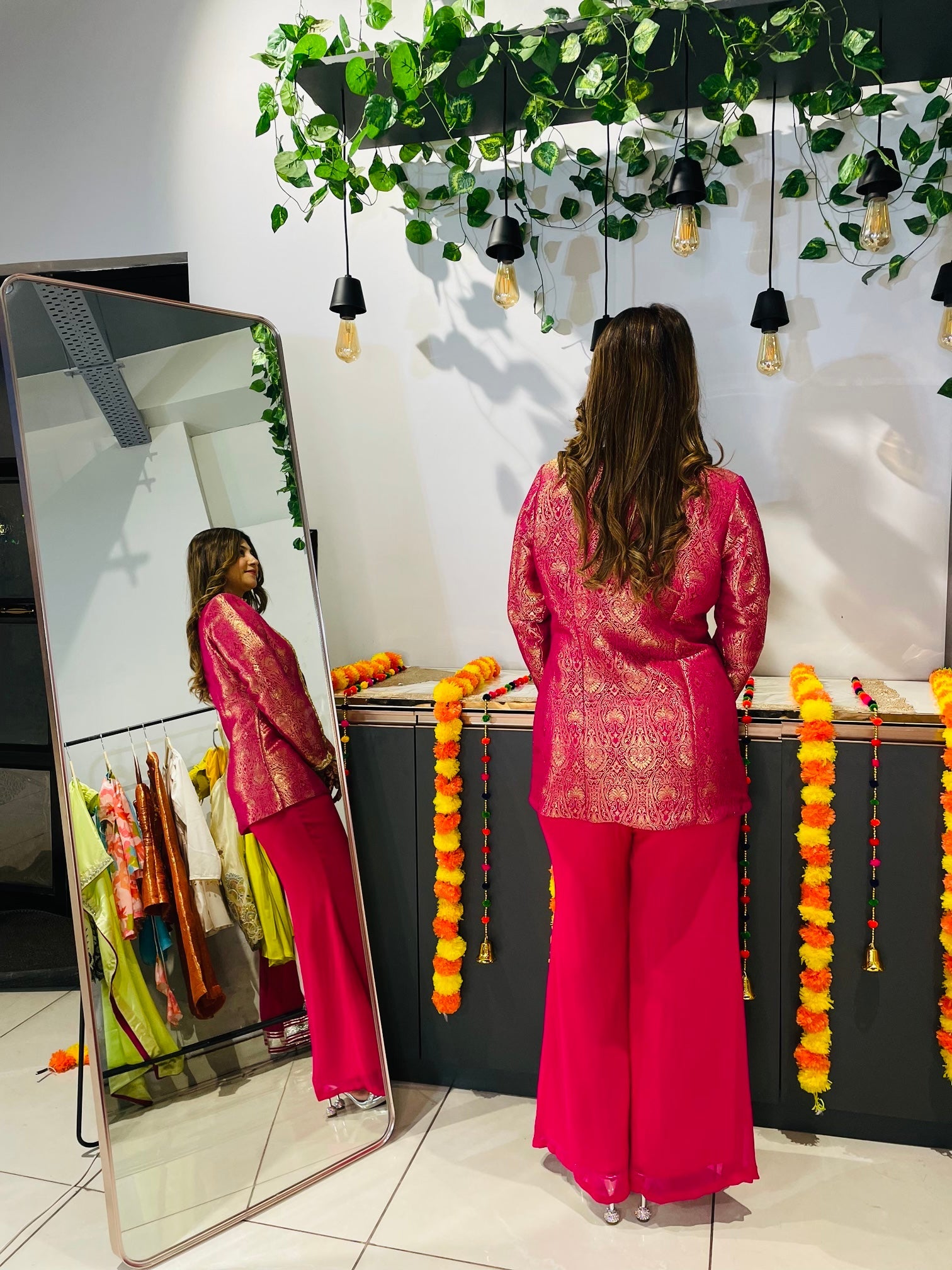 Fuchsia Brocade Jacket Set with Palazzo Pants – Festive & Wedding Wear Ensemble - Vibes and Petals