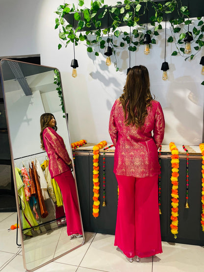 Fuchsia Brocade Jacket Set with Palazzo Pants – Festive & Wedding Wear Ensemble - Vibes and Petals