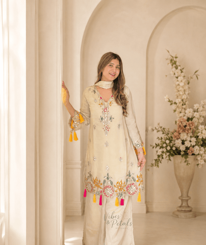 Golden Ivory Hand Embellished Kurta Palazzo Set with Multicolour Tassels - Vibes and Petals
