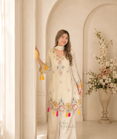Golden Ivory Hand Embellished Kurta Palazzo Set with Multicolour Tassels