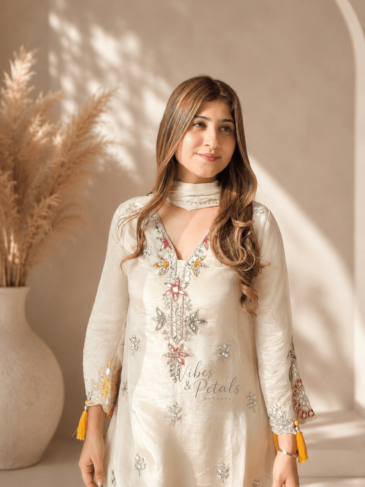 Golden Ivory Hand Embellished Kurta Palazzo Set with Multicolour Tassels - Vibes and Petals