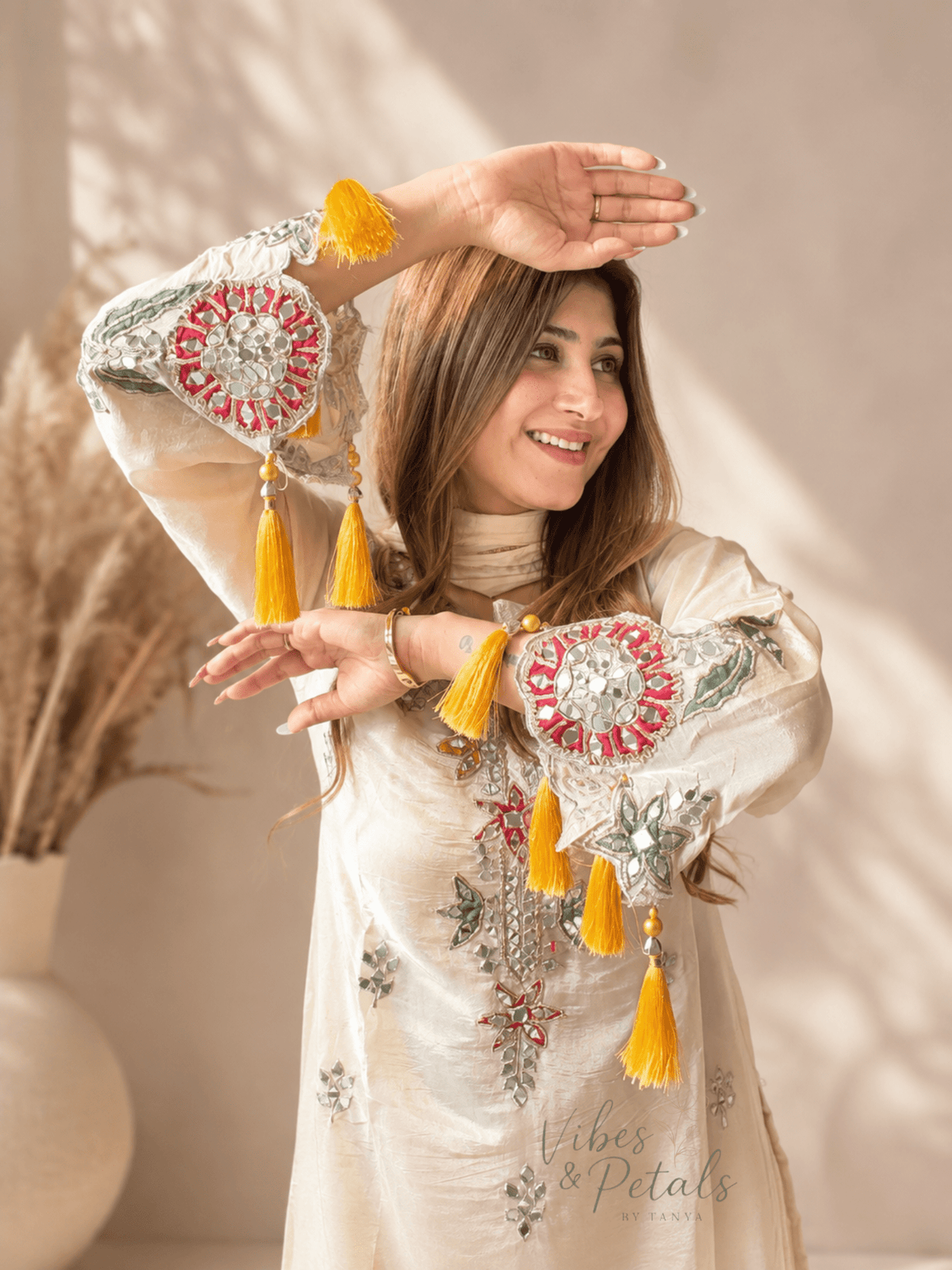 Golden Ivory Hand Embellished Kurta Palazzo Set with Multicolour Tassels - Vibes and Petals