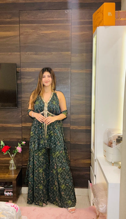 Green Floral Halter Neck Sharara Suit in Georgette | Indo - Western Festive Wear - Vibes and Petals