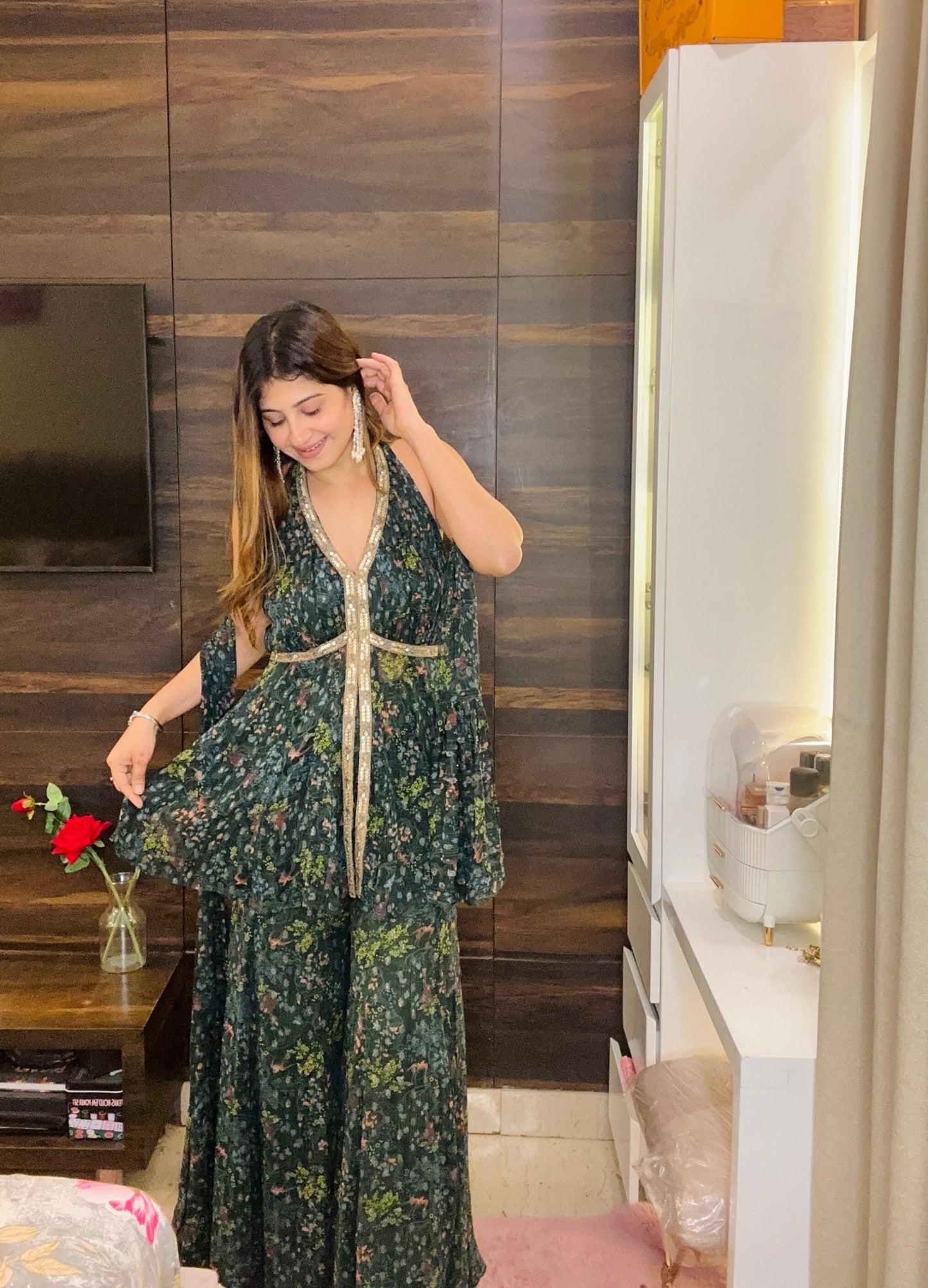 Green Floral Halter Neck Sharara Suit in Georgette | Indo - Western Festive Wear - Vibes and Petals