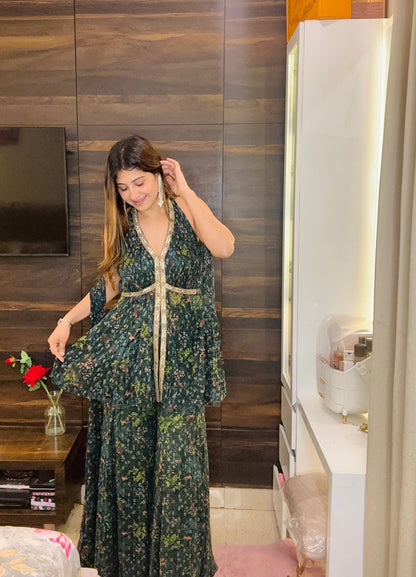 Green Floral Halter Neck Sharara Suit in Georgette | Indo - Western Festive Wear - Vibes and Petals