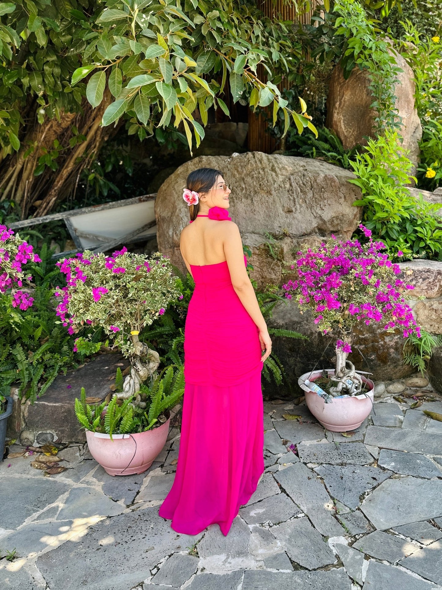 Hot Pink 3D Floral Ruched Maxi Dress with Rose Choker (XS to 5XL) - Vibes and Petals