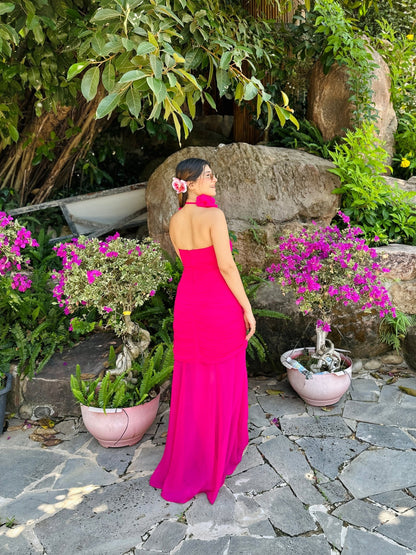 Hot Pink 3D Floral Ruched Maxi Dress with Rose Choker (XS to 5XL) - Vibes and Petals