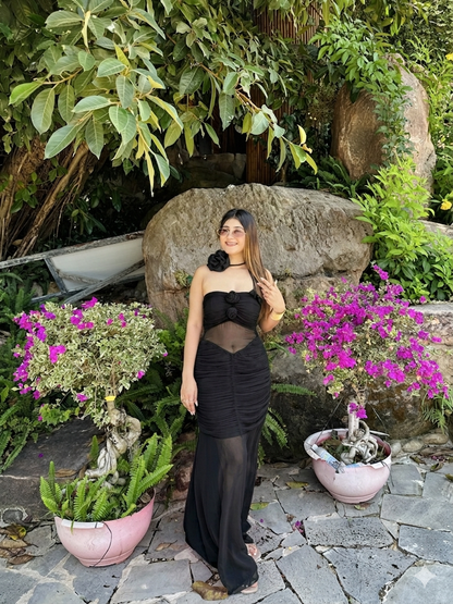 Hot Pink 3D Floral Ruched Maxi Dress with Rose Choker (XS to 5XL) - Vibes and Petals