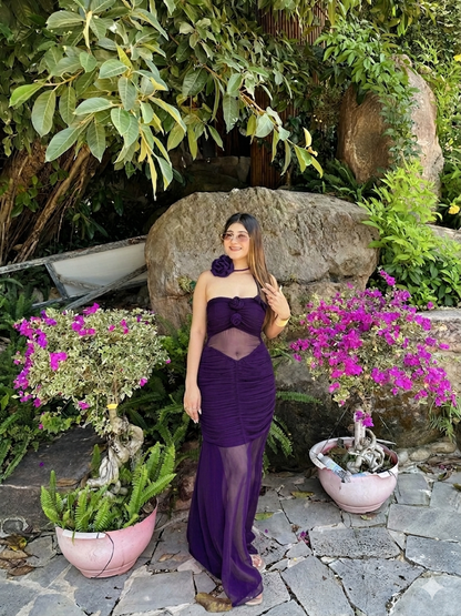 Hot Pink 3D Floral Ruched Maxi Dress with Rose Choker (XS to 5XL) - Vibes and Petals