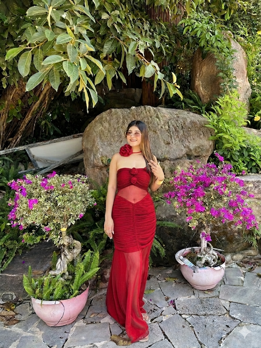 Hot Pink 3D Floral Ruched Maxi Dress with Rose Choker (XS to 5XL) - Vibes and Petals