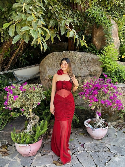 Hot Pink 3D Floral Ruched Maxi Dress with Rose Choker (XS to 5XL) - Vibes and Petals