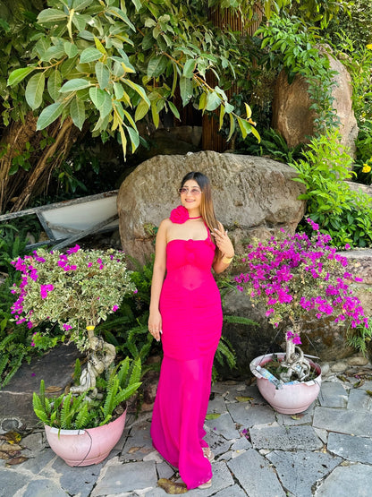 Hot Pink 3D Floral Ruched Maxi Dress with Rose Choker (XS to 5XL) - Vibes and Petals