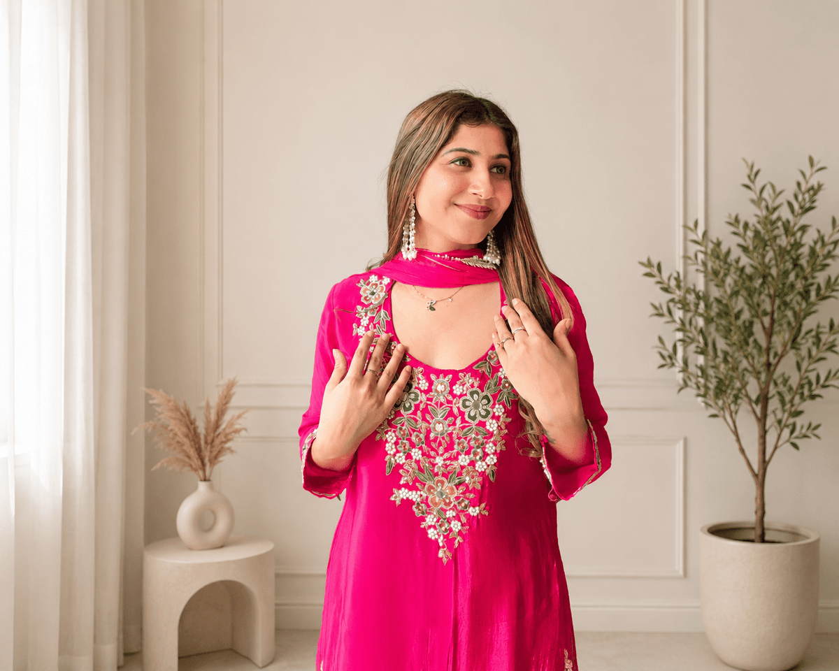 Hot Pink Crepe Floral Embroidered Suit Set - Vibes and Petals