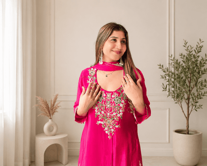 Hot Pink Crepe Floral Embroidered Suit Set - Vibes and Petals