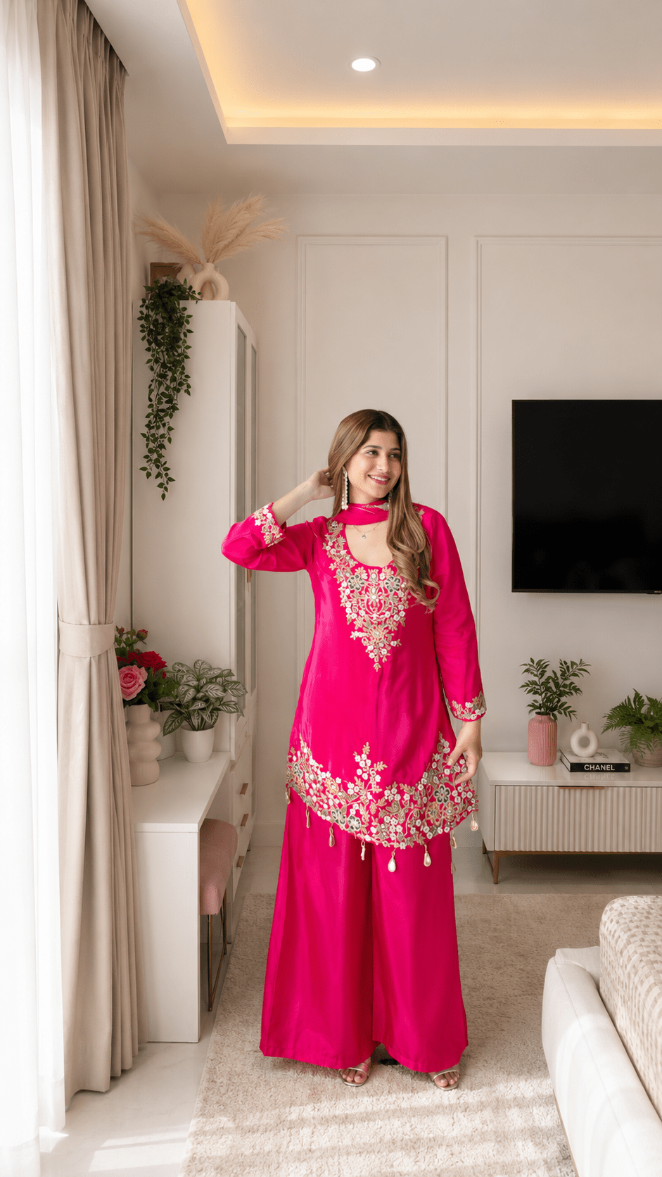Hot Pink Crepe Floral Embroidered Suit Set - Vibes and Petals