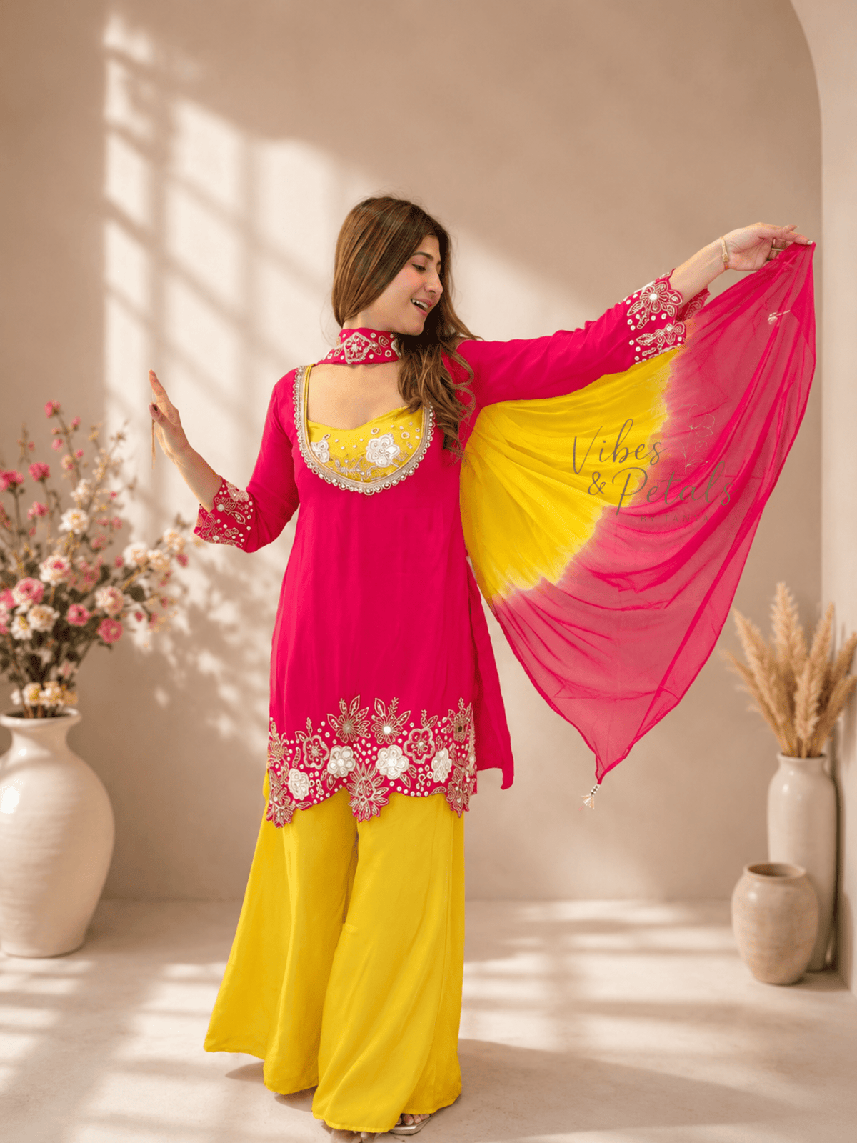 Hot Pink & Lime Yellow Hand Embellished 4-Piece Palazzo Suit Set - Vibes and Petals