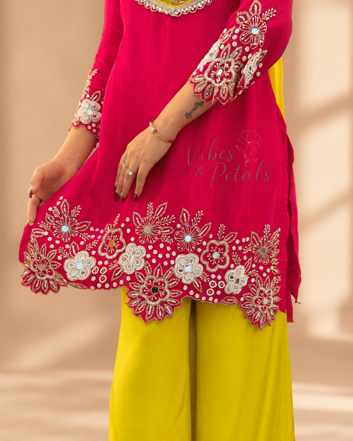 Hot Pink & Lime Yellow Hand Embellished 4-Piece Palazzo Suit Set - Vibes and Petals
