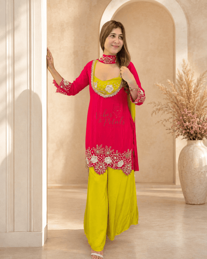 Hot Pink & Lime Yellow Hand Embellished 4-Piece Palazzo Suit Set - Vibes and Petals
