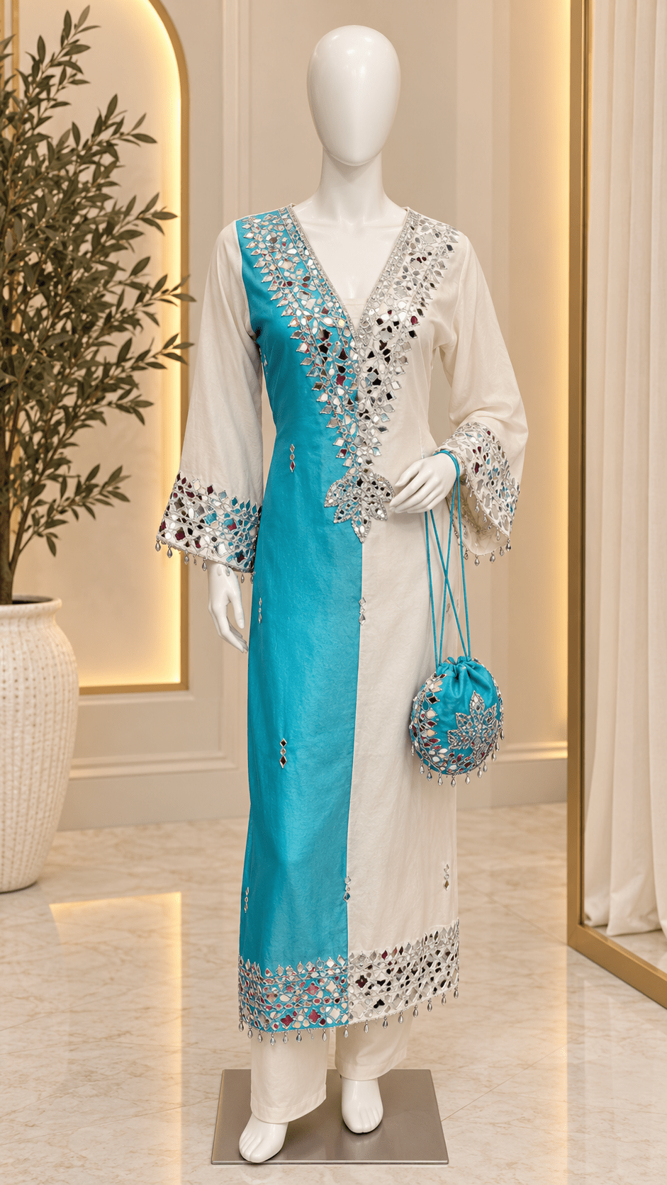 Ivory Beige Mirror Work Kaftan Set with Pants & Matching Potli - 3 More Colors Available - Vibes and Petals