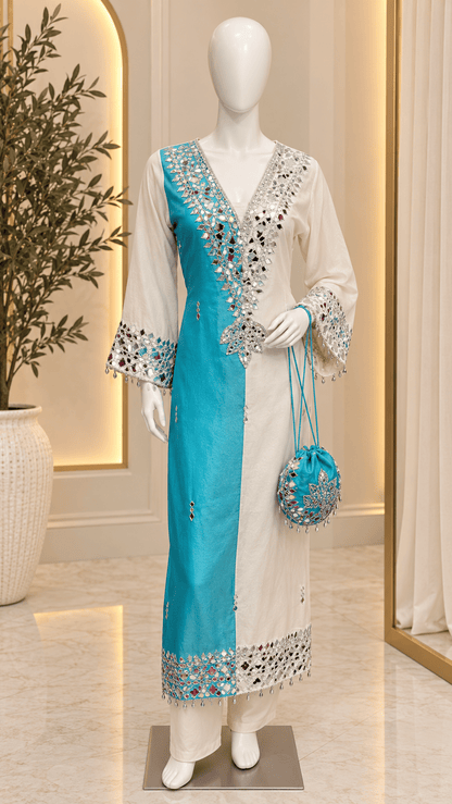 Ivory Beige Mirror Work Kaftan Set with Pants & Matching Potli - 3 More Colors Available - Vibes and Petals