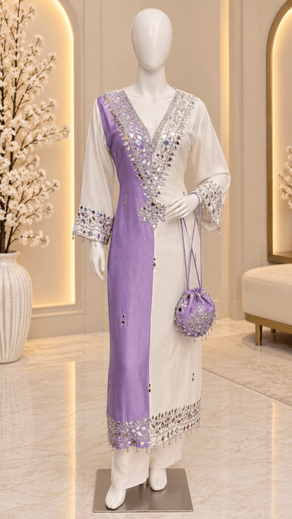 Ivory Beige Mirror Work Kaftan Set with Pants & Matching Potli - 3 More Colors Available - Vibes and Petals