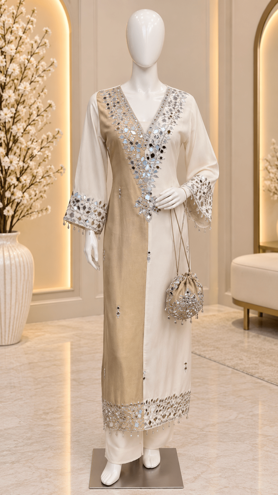 Ivory Beige Mirror Work Kaftan Set with Pants & Matching Potli - 3 More Colors Available - Vibes and Petals