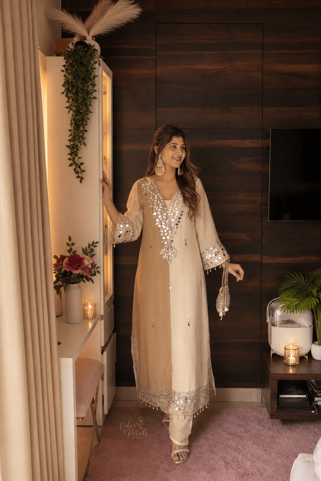 Ivory Beige Mirror Work Kaftan Set with Pants & Matching Potli - Vibes and Petals