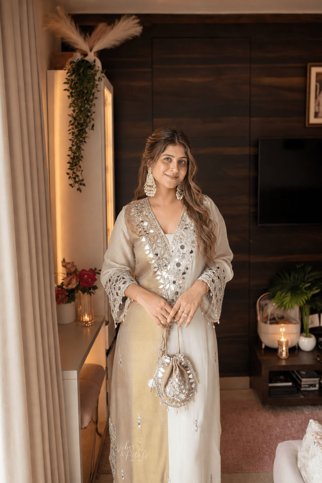 Ivory Beige Mirror Work Kaftan Set with Pants & Matching Potli - Vibes and Petals