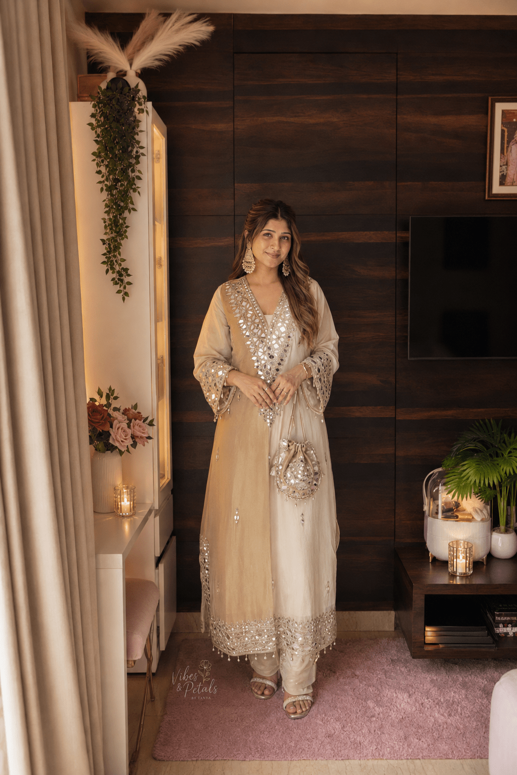 Ivory Beige Mirror Work Kaftan Set with Pants & Matching Potli - Vibes and Petals