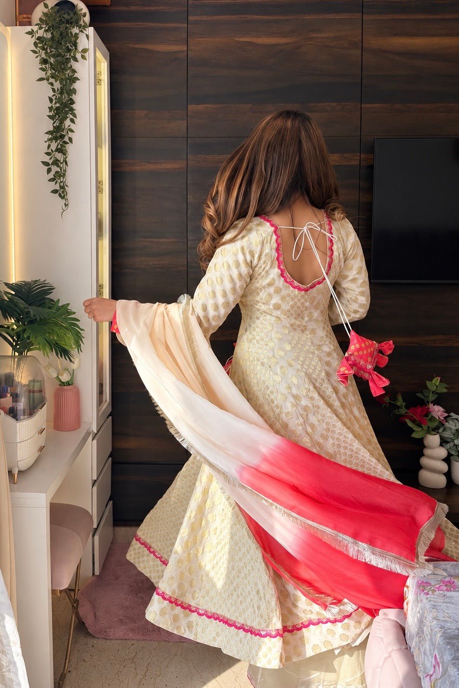Ivory & Coral Orange Anarkali Set with Ombre Dupatta & Matching Potli - Vibes and Petals