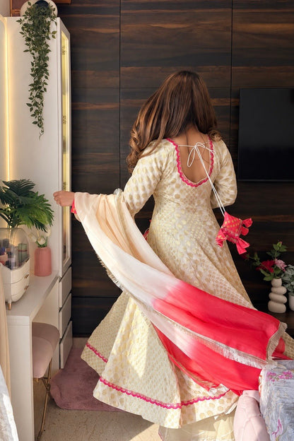 Ivory & Coral Orange Anarkali Set with Ombre Dupatta & Matching Potli - Vibes and Petals