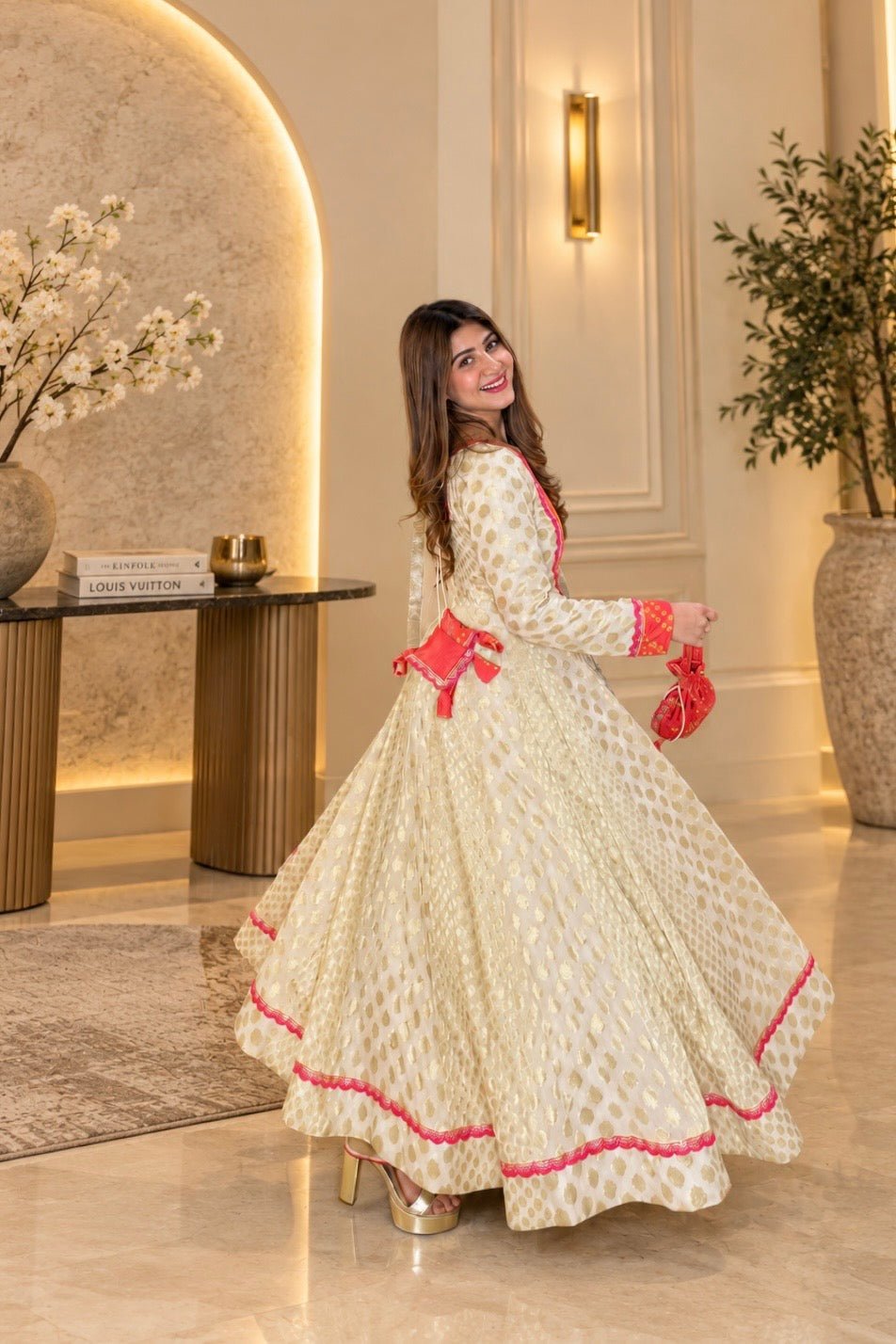 Ivory & Coral Orange Anarkali Set with Ombre Dupatta & Matching Potli - Vibes and Petals
