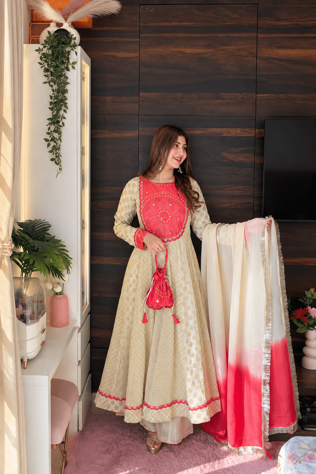 Ivory & Coral Orange Anarkali Set with Ombre Dupatta & Matching Potli - Vibes and Petals