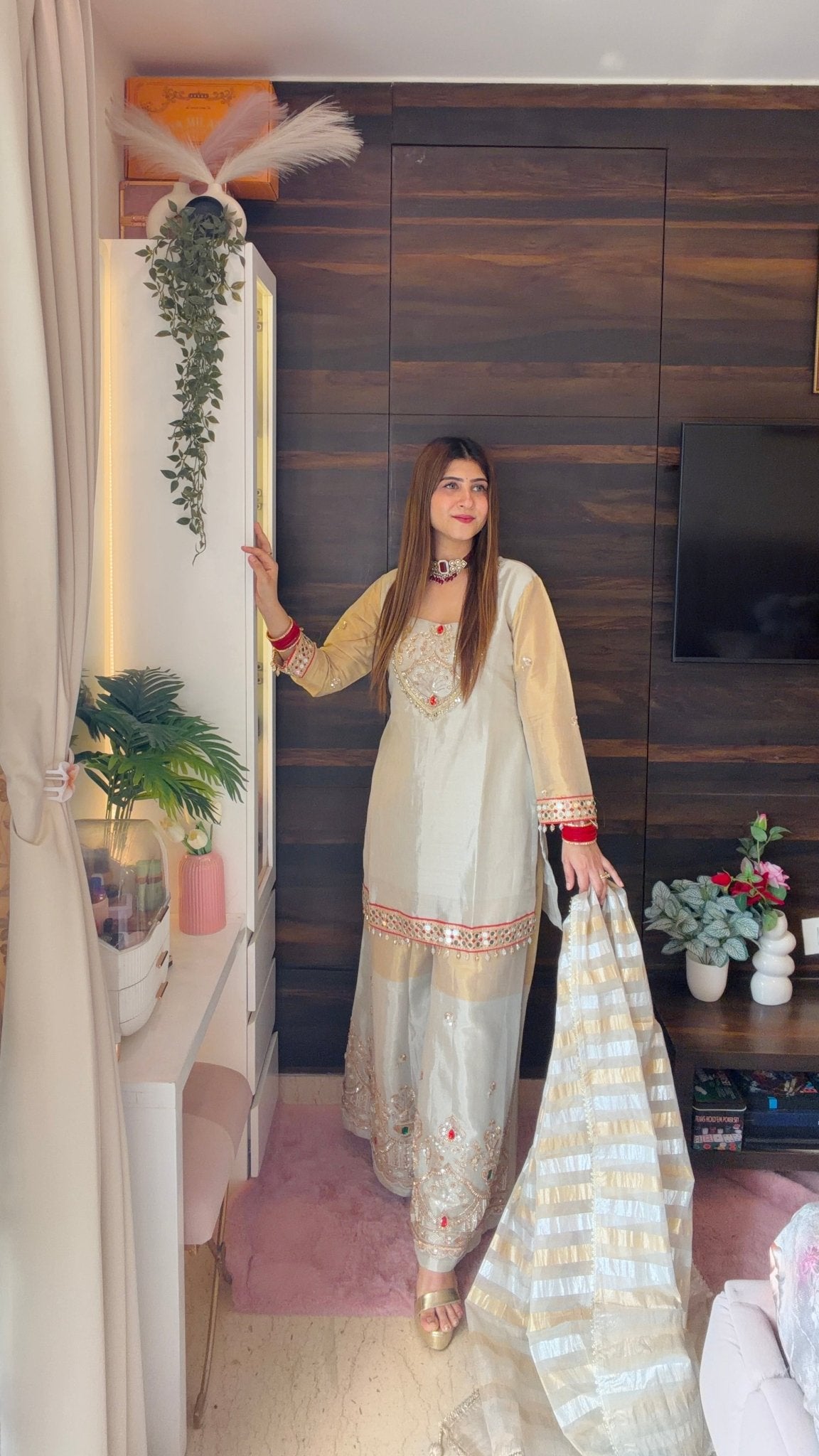 Ivory & Golden Kundan Embroidered Sharara Set - Vibes and Petals