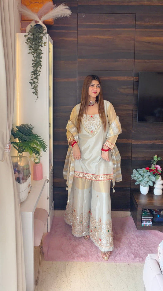 Ivory & Golden Kundan Embroidered Sharara Set - Vibes and Petals