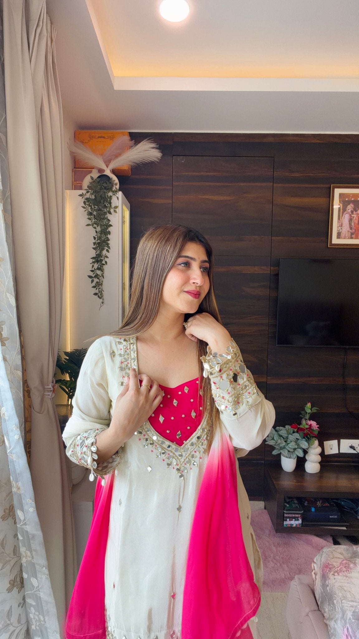 Ivory Heavy Mirror Embroidery Suit with Pink Ombre Dupatta - Vibes and Petals