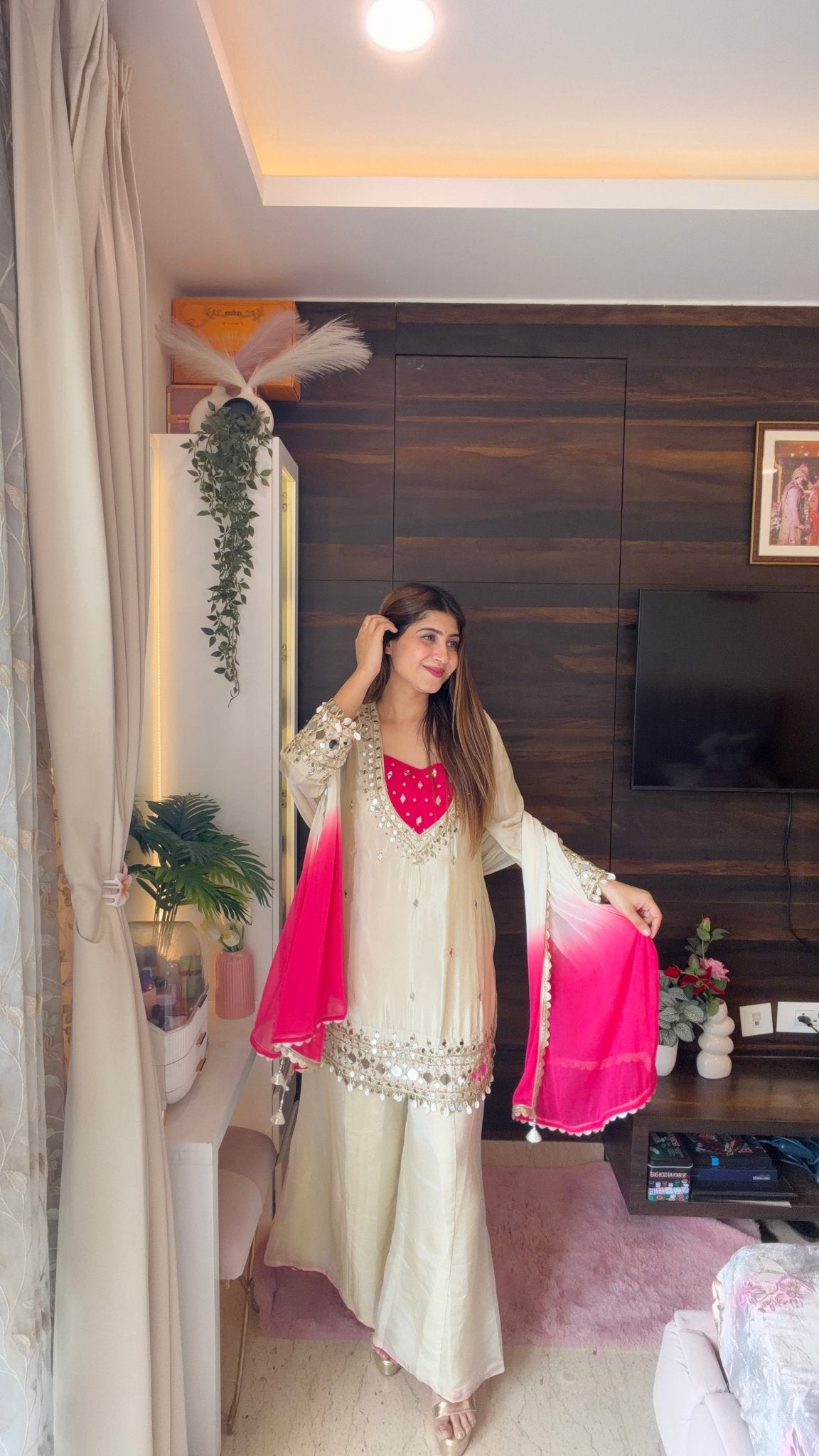 Ivory Heavy Mirror Embroidery Suit with Pink Ombre Dupatta - Vibes and Petals