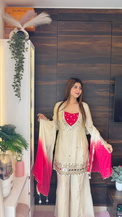 Ivory Heavy Mirror Embroidery Suit with Pink Ombre Dupatta - Vibes and Petals