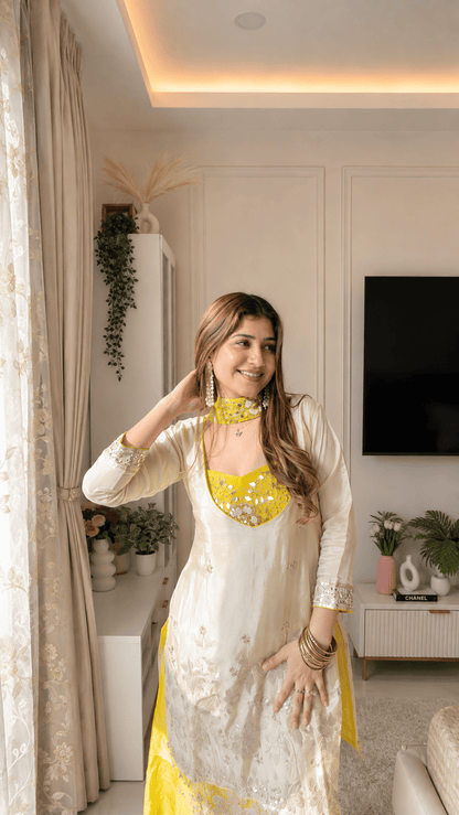 Ivory & Yellow Embroidered Sharara Suit Set - Vibes and Petals
