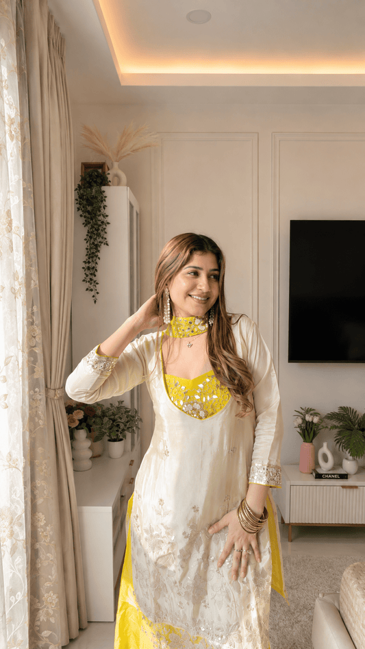 Ivory & Yellow Embroidered Sharara Suit Set - Vibes and Petals