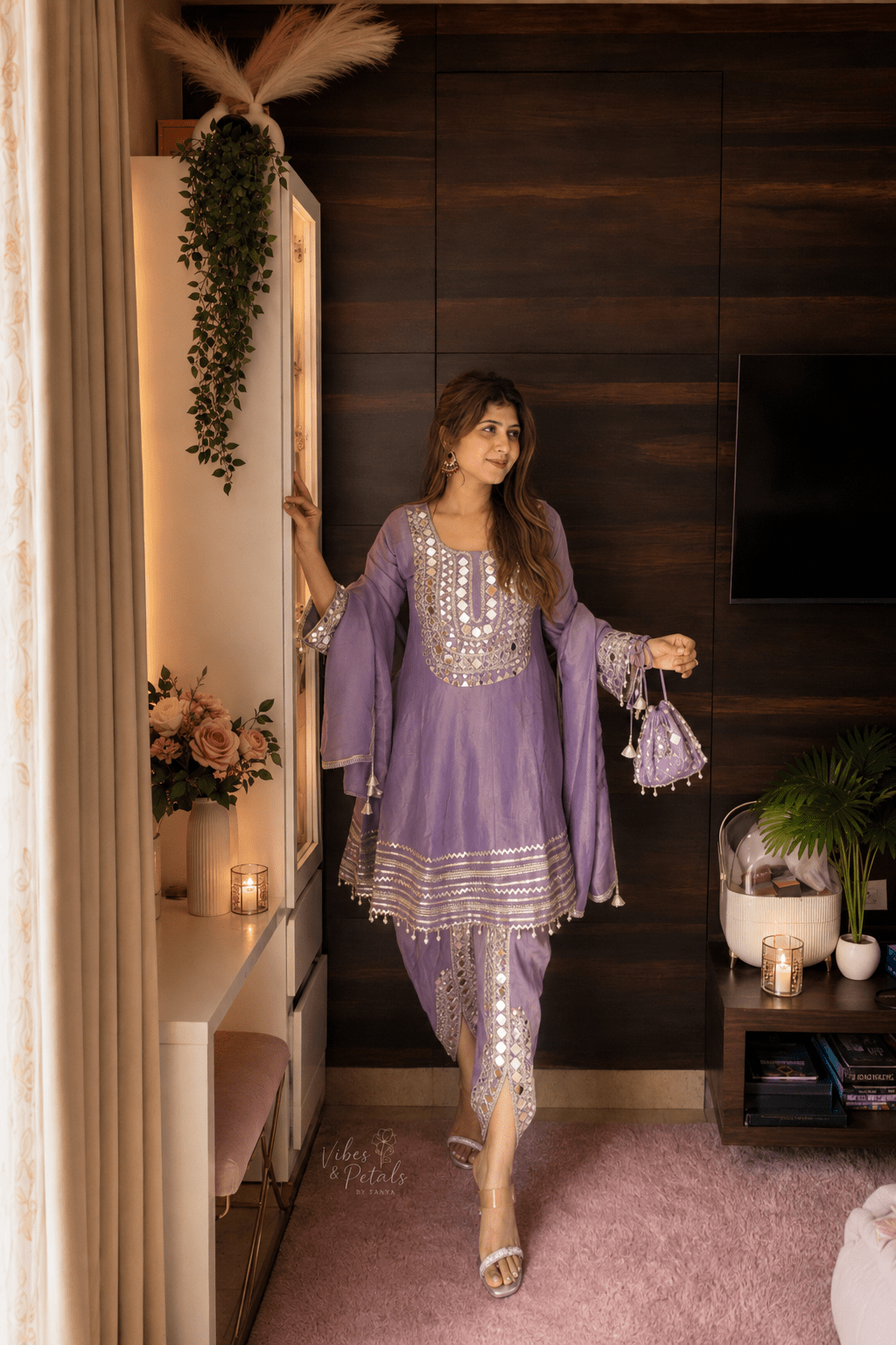 Lavender Mirror Work Kali Kurta Set with Tulip Pants, Dupatta & Potli - Vibes and Petals