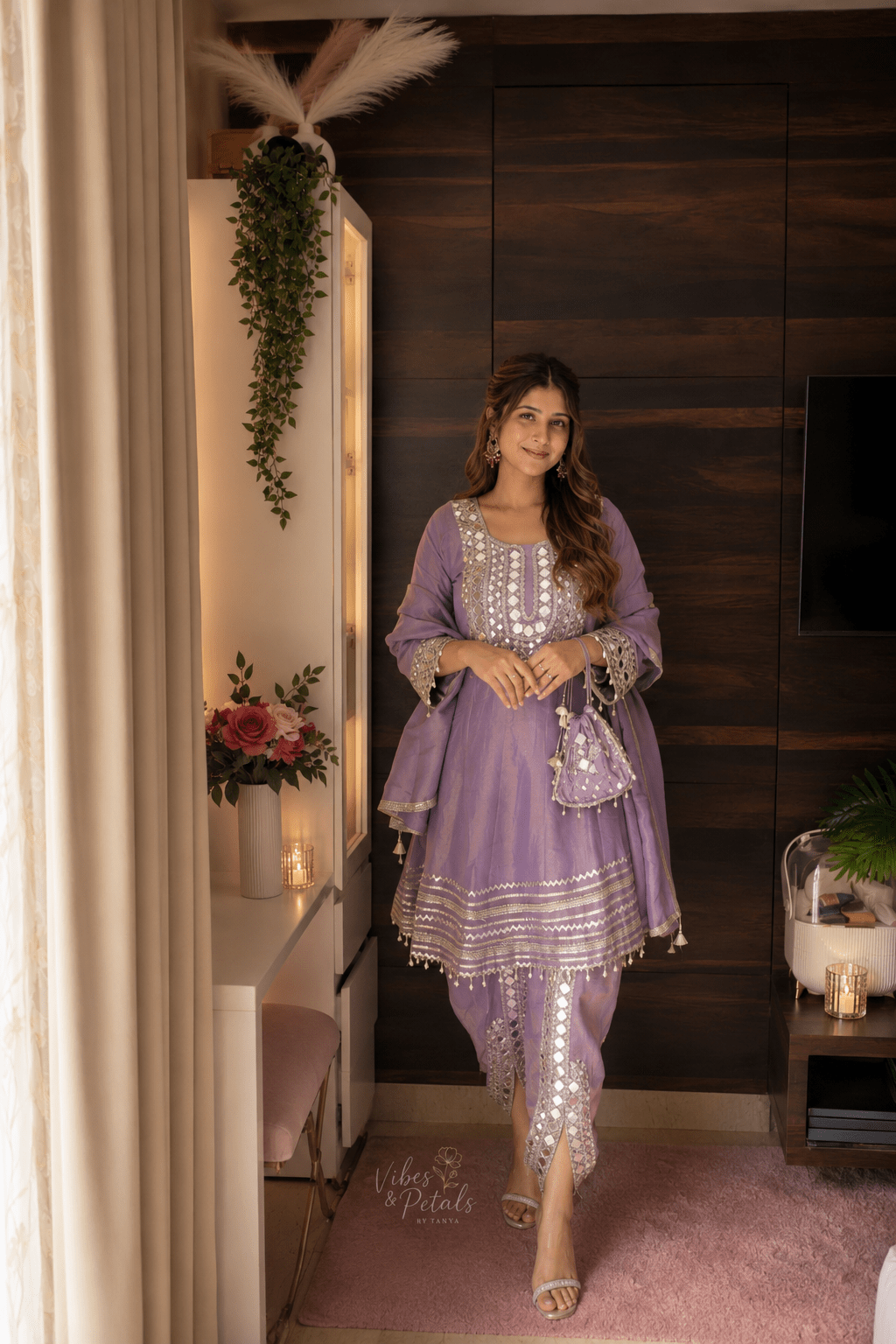 Lavender Mirror Work Kali Kurta Set with Tulip Pants, Dupatta & Potli - Vibes and Petals