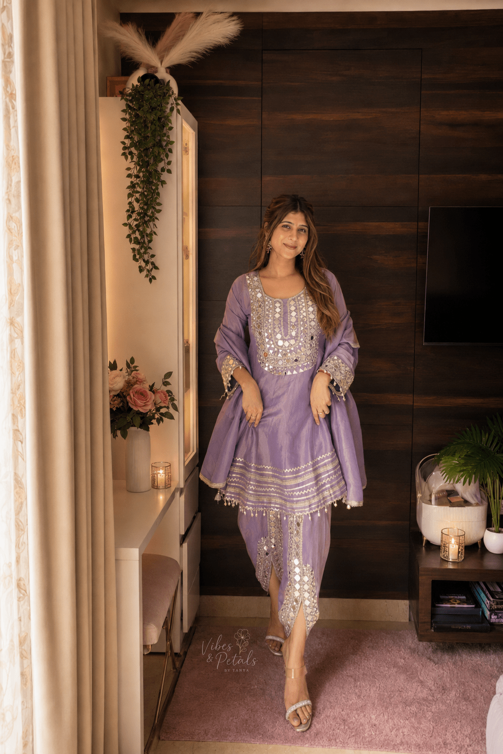 Lavender Mirror Work Kali Kurta Set with Tulip Pants, Dupatta & Potli - Vibes and Petals