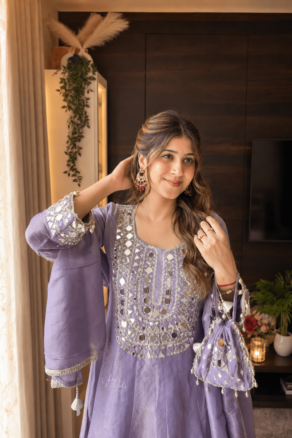 Lavender Mirror Work Kali Kurta Set with Tulip Pants, Dupatta & Potli - Vibes and Petals