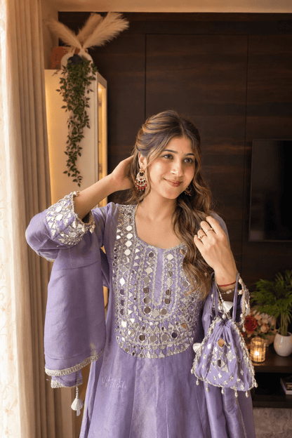 Lavender Mirror Work Kali Kurta Set with Tulip Pants, Dupatta & Potli - Vibes and Petals