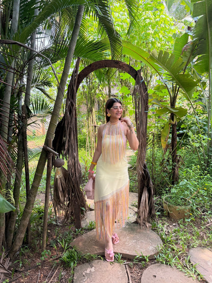 Lemon Yellow Fringe Dress with Separate Cape - Vibes and Petals