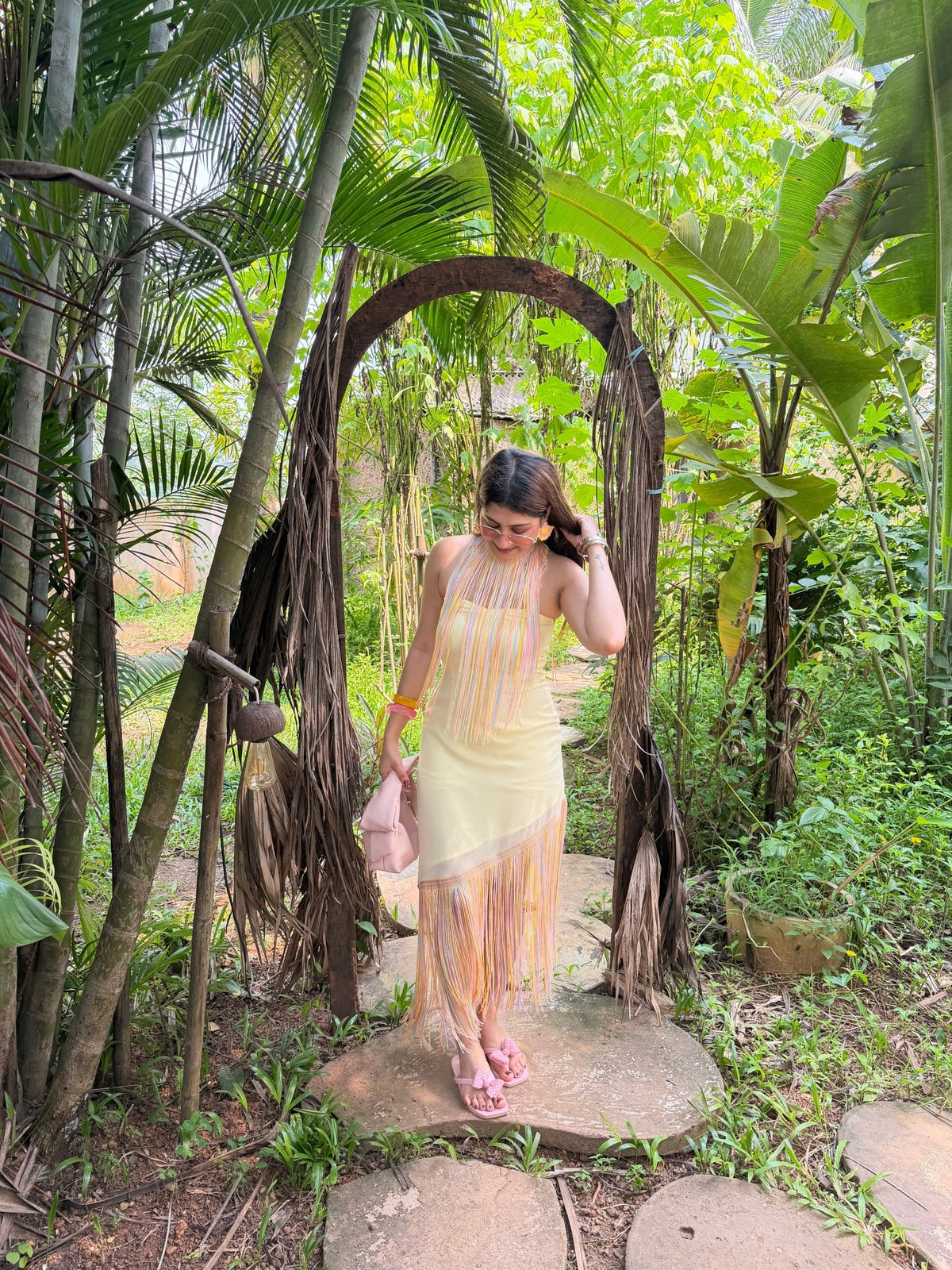 Lemon Yellow Fringe Dress with Separate Cape - Vibes and Petals
