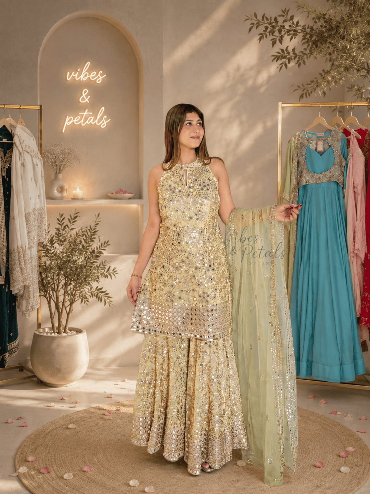Lemon Yellow Mirror Work Garara Suit Set with Dupatta - Vibes and Petals