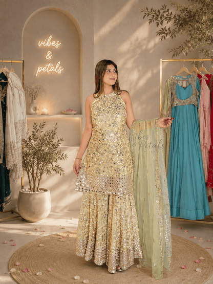 Lemon Yellow Mirror Work Garara Suit Set with Dupatta - Vibes and Petals